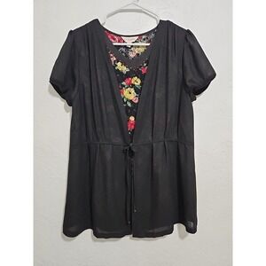 Vtg Womens O'girl Sz 13 Black Floral Blouse Tie Lace Sheer Whimsigoth Fairy